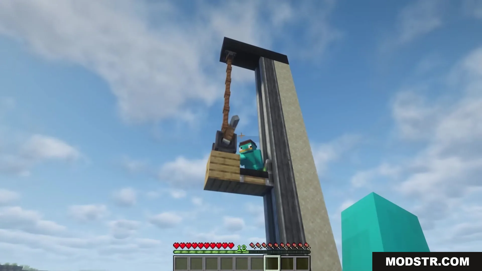A player stands on a wooden platform sliding along a vertical linear track