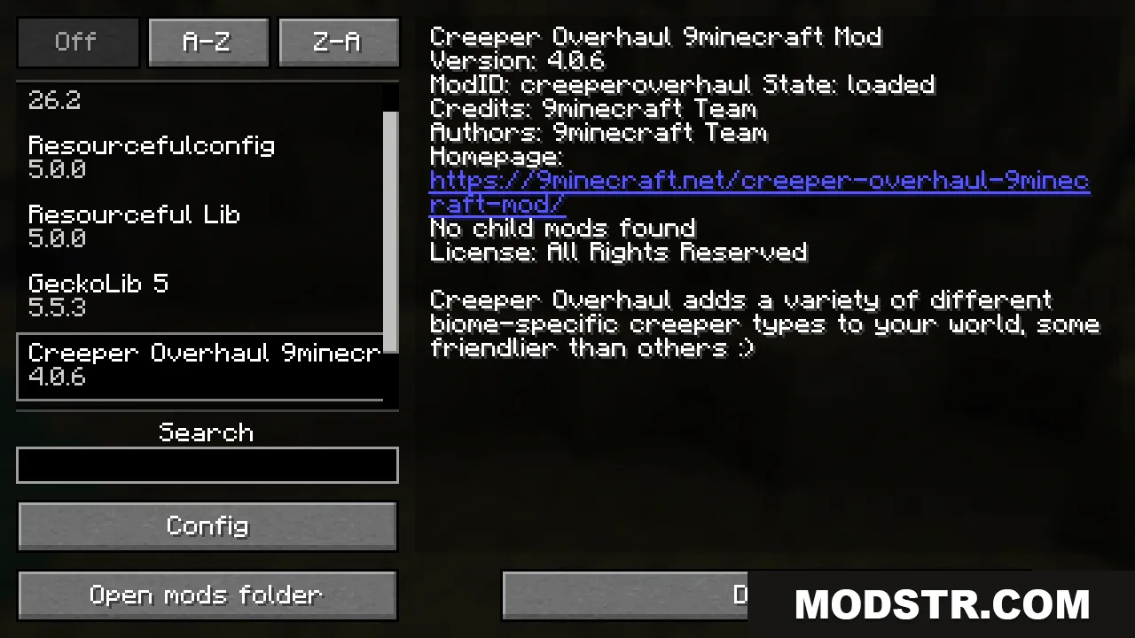 The mod's entry in the in-game mods list, shown loaded alongside its required libraries GeckoLib and Resourceful Lib, with a clickable homepage link and a note that it adds a variety of biome-specific creeper types