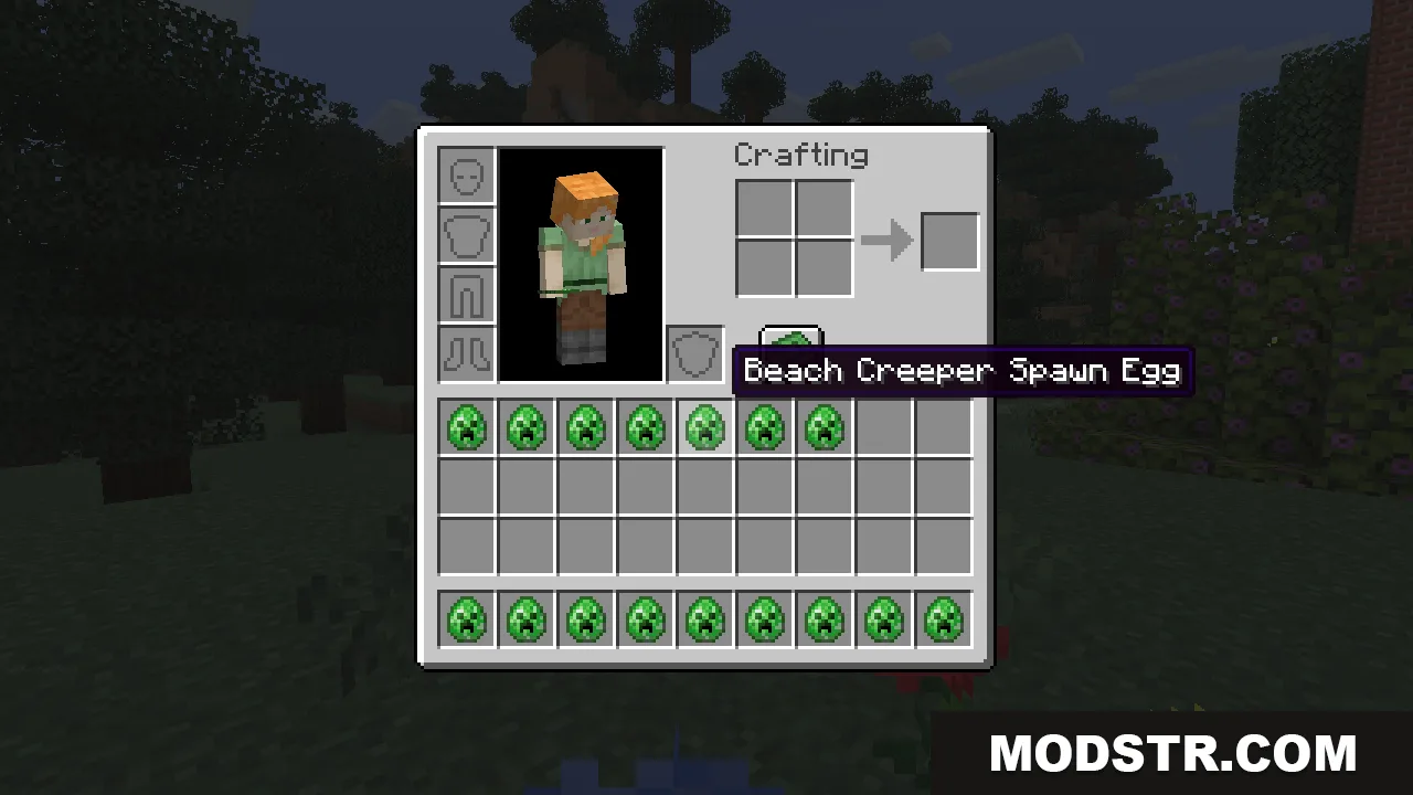 The inventory open on the creative spawn-egg menu, showing the many creeper spawn eggs the mod adds, with the Beach Creeper Spawn Egg tooltip highlighted