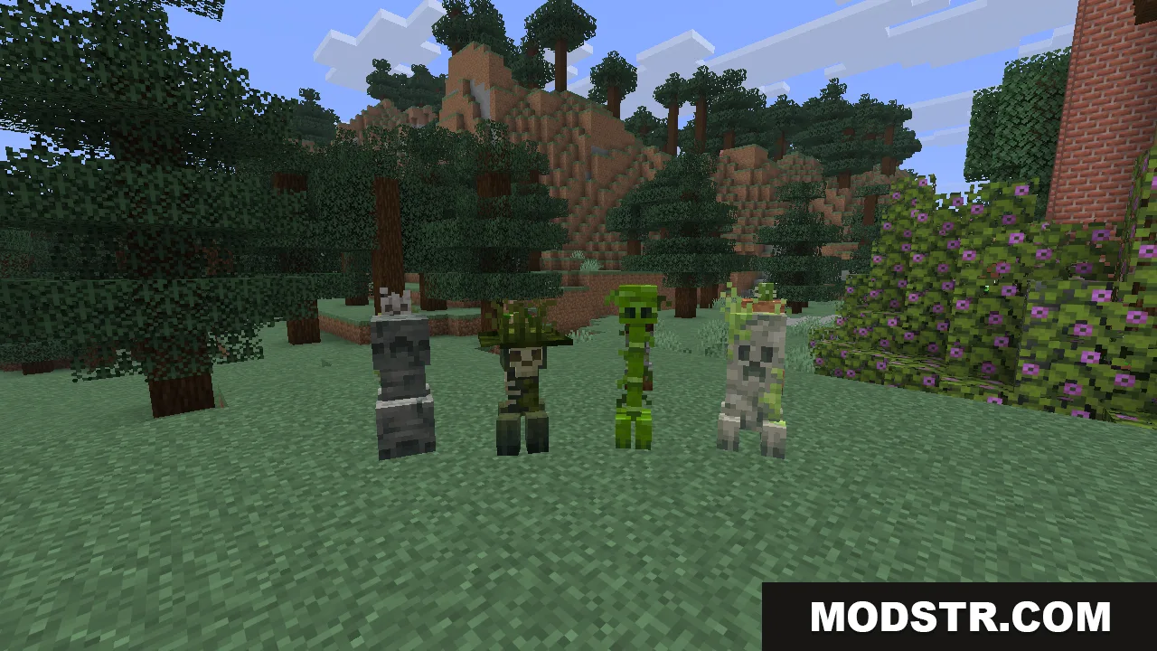 Four more creeper variants lined up on the grass, including a grey stone creeper, a dark swamp creeper wearing a vine hat, a bright green creeper, and a mossy grey creeper