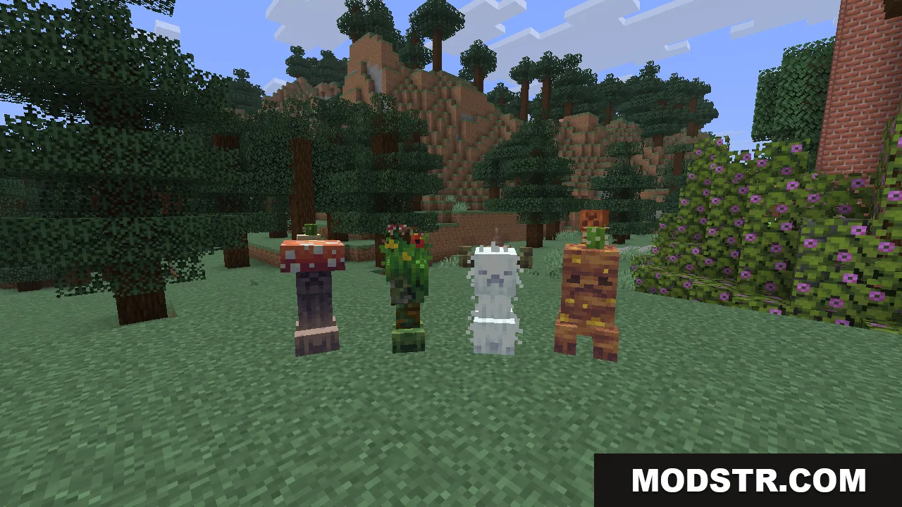 Four different biome creeper variants standing together on grass in a forested badlands area, including a mushroom-capped creeper, a leafy flowering creeper, a fluffy white snowy creeper, and a terracotta badlands creeper