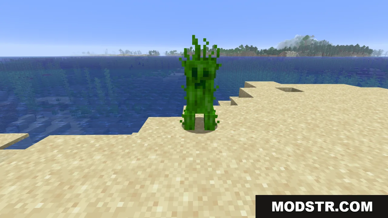 Creepers Refreshed Resource Pack Screenshot 2 A leafy green creeper stands on a beach near the blue ocean water
