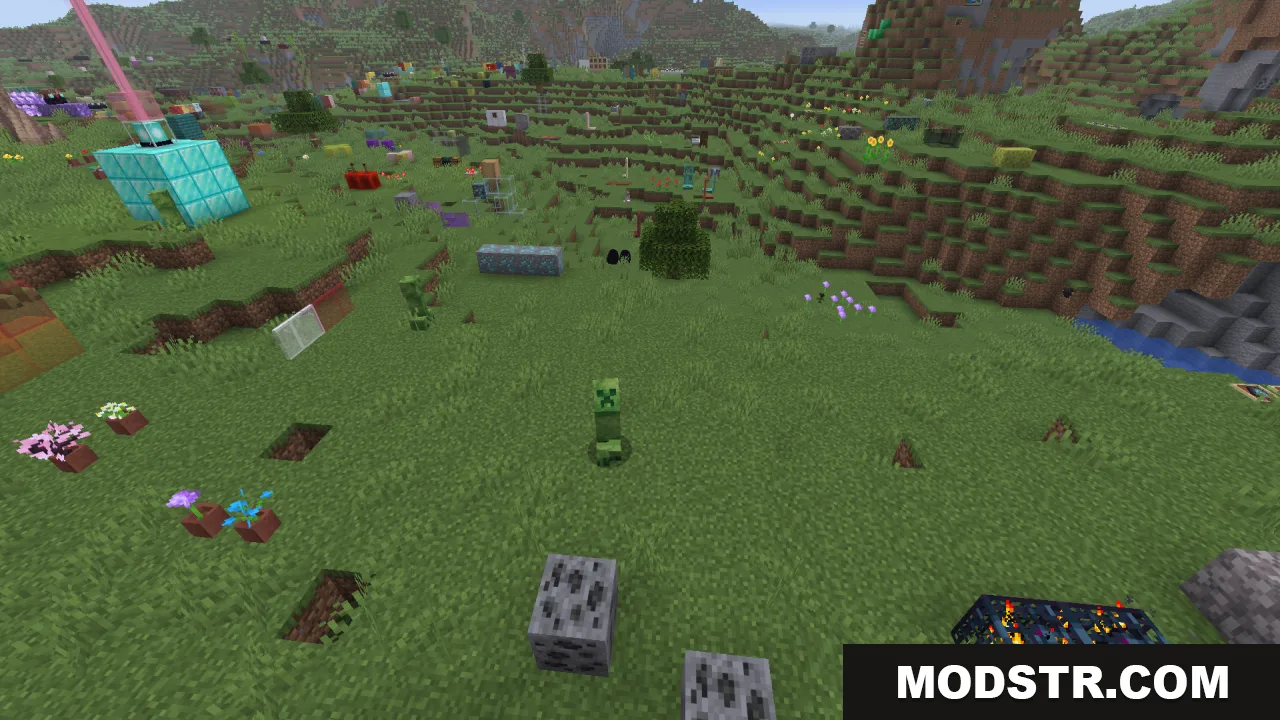 Creepers Refreshed Resource Pack Screenshot 6 A Creeper stands in a field filled with various Minecraft biome blocks