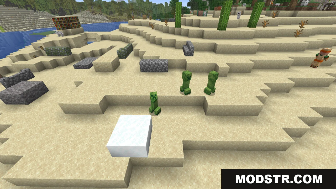 Creepers Refreshed Resource Pack Screenshot 10 Multiple sand textured creepers of different sizes roaming around a desert landscape