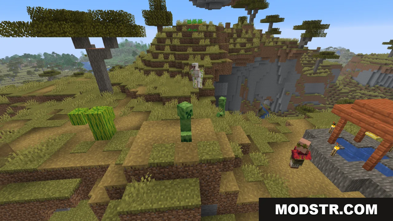 Creepers Refreshed Resource Pack Screenshot 13 A Creeper with savanna textures blending into the grassy landscape near a villager
