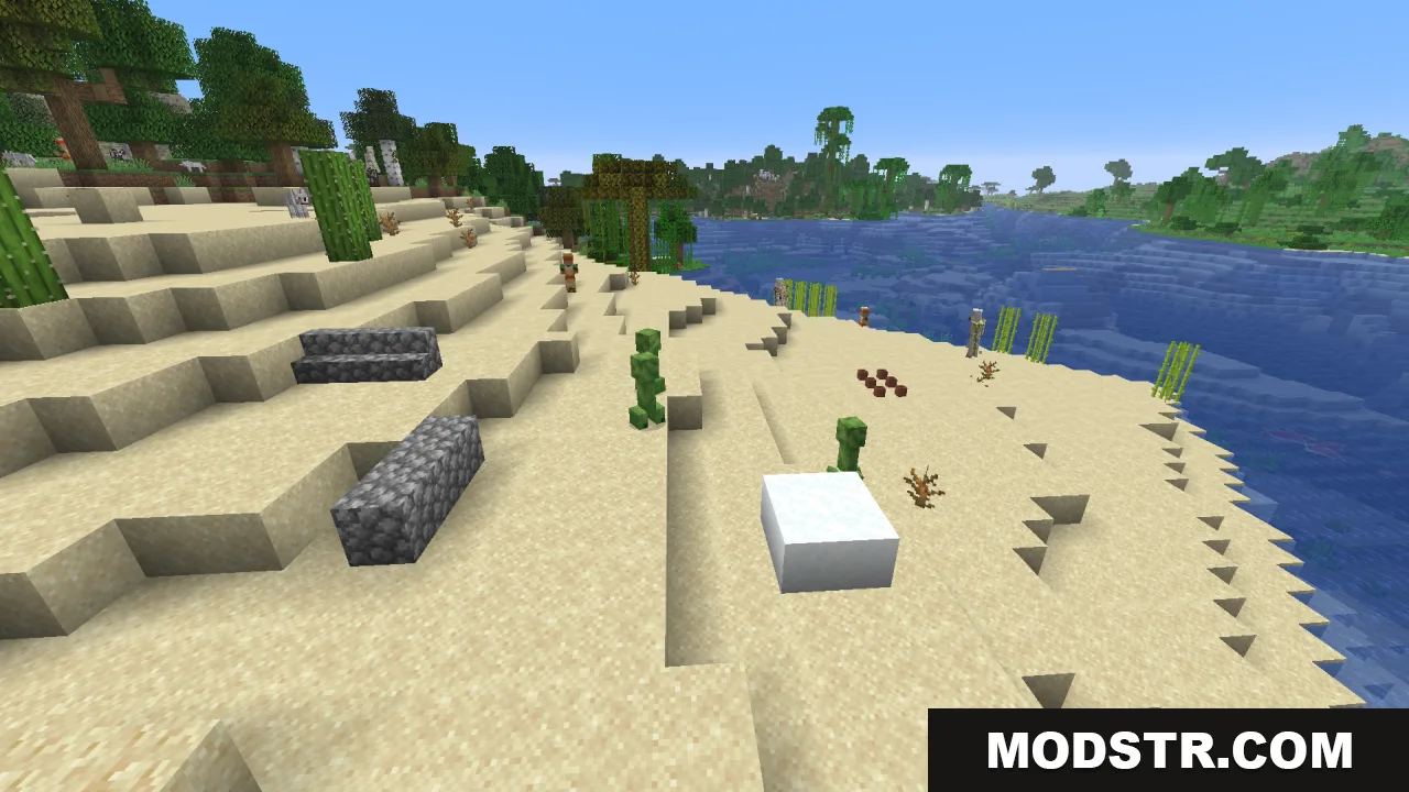 Creepers Refreshed Resource Pack Screenshot 11 Creepers Refreshed variants hiding in a sandy beach environment near the ocean