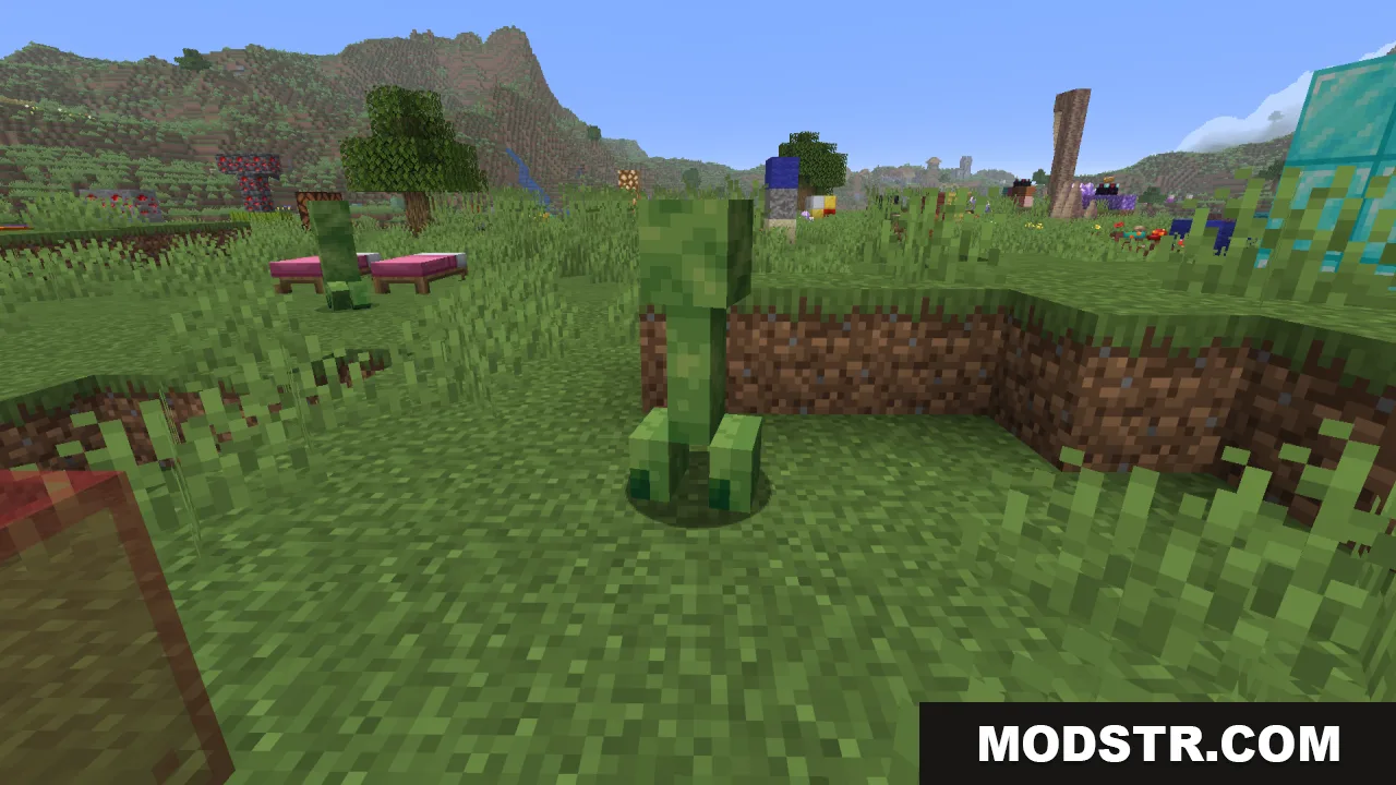 Creepers Refreshed Resource Pack Screenshot 4 A green Creeper stands in a grassy field with pink beds nearby