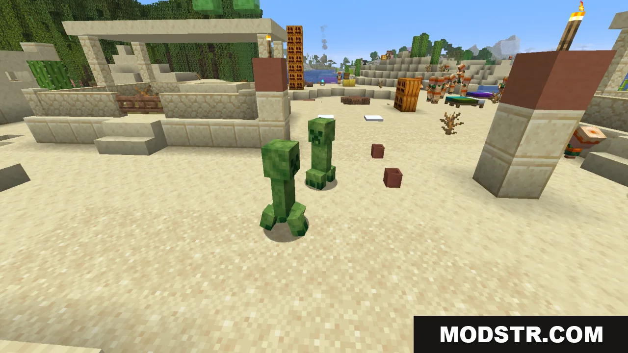 Creepers Refreshed Resource Pack Screenshot 8 Two Creepers with sandy textures walking through a desert village area