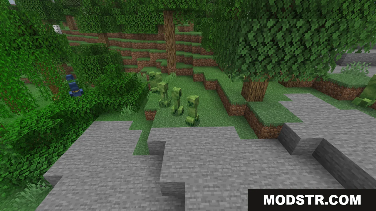Creepers Refreshed Resource Pack Screenshot 7 Multiple Creepers with leafy camouflage textures standing in a lush jungle biome