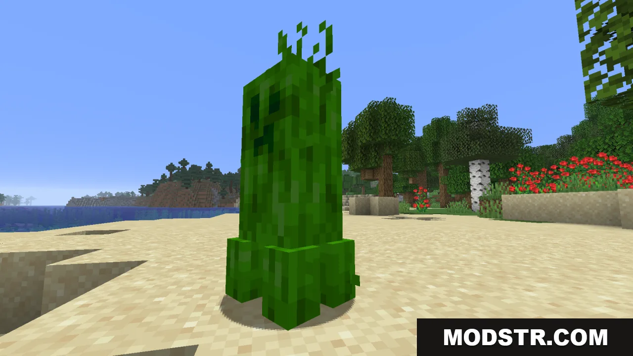 Creepers Refreshed Resource Pack Screenshot 1 A green creeper with leafy textures and sprouts standing on a sandy beach