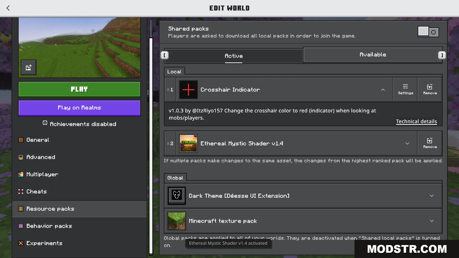 Minecraft menu showing the Crosshair Indicator pack active in resource settings