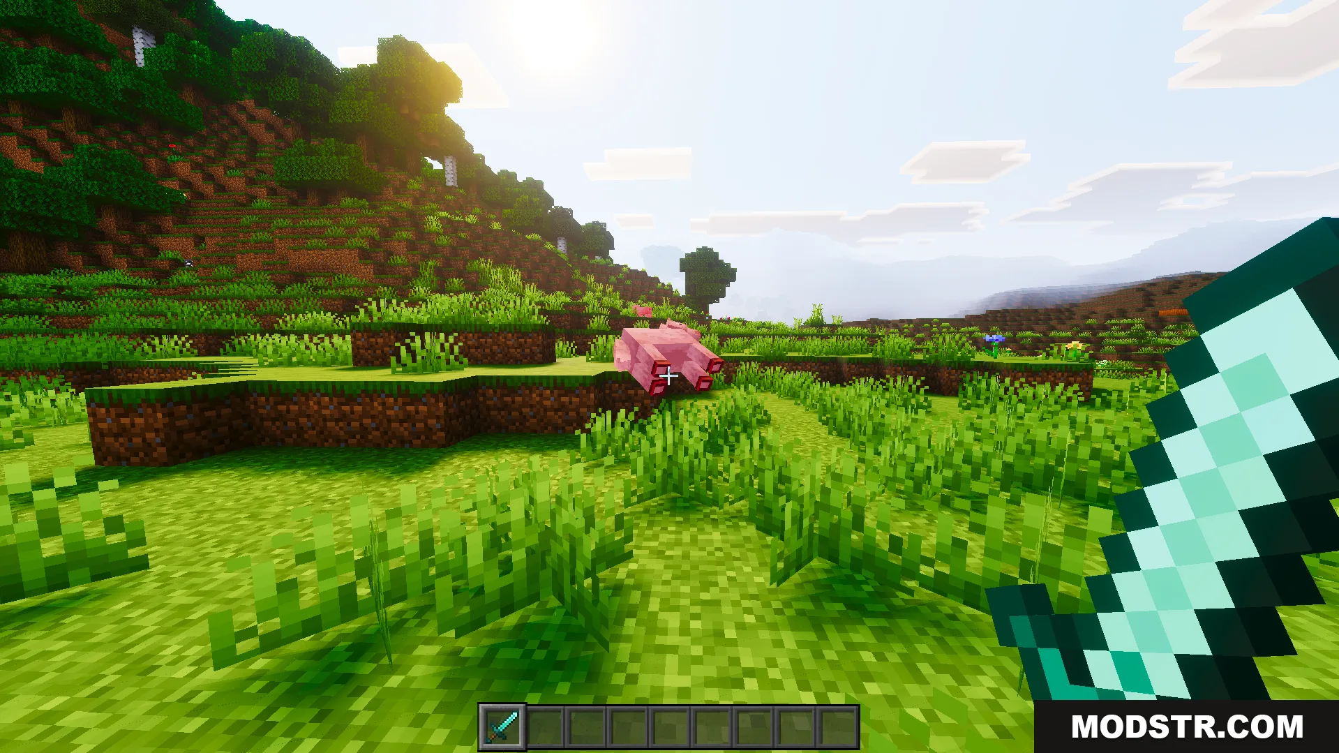 Crosshair Indicator Texture Pack turns the crosshair red when aiming at a pig