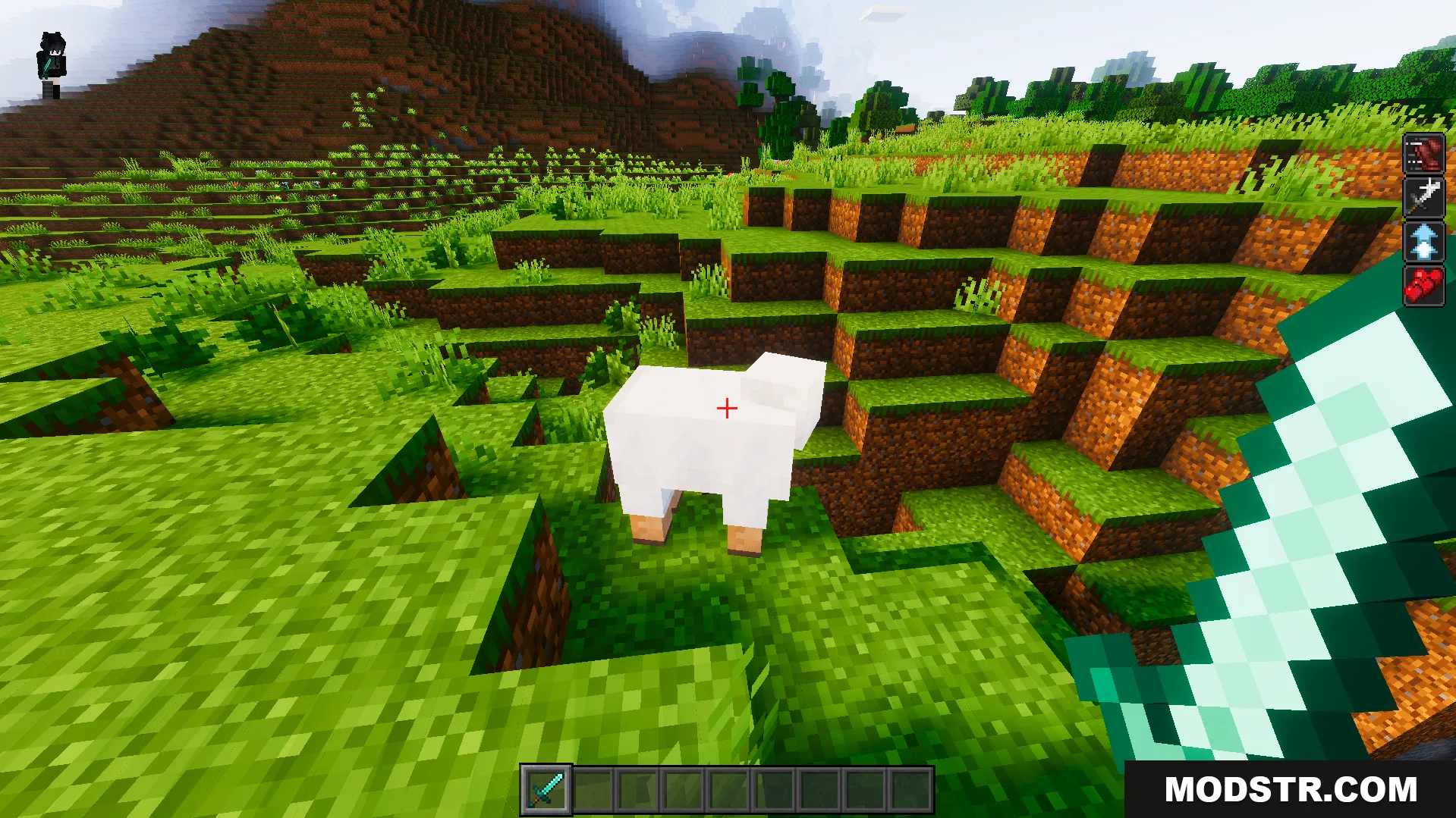 Crosshair Indicator Texture Pack turns the crosshair red when aiming at a sheep