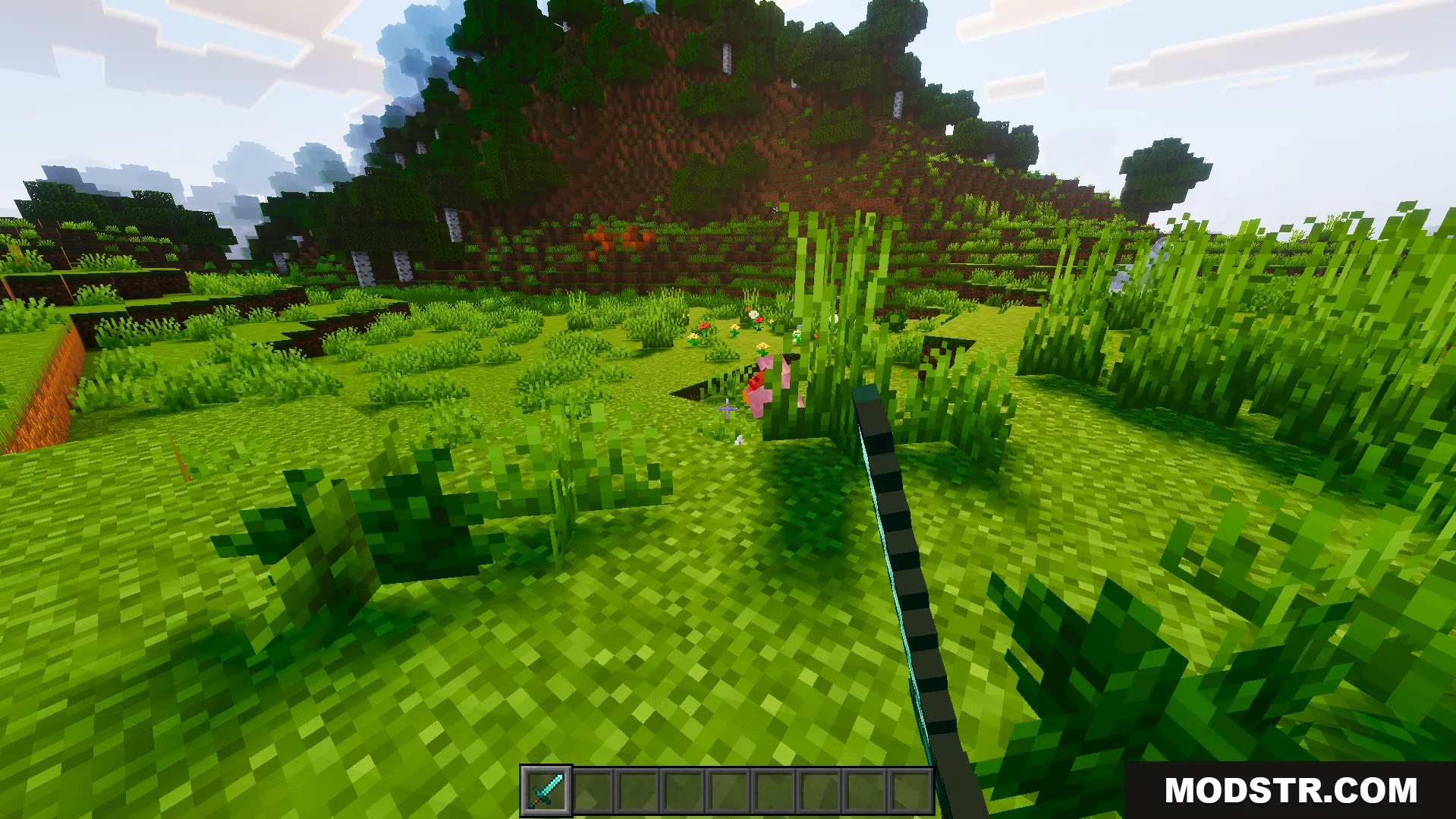 Crosshair Indicator Texture Pack turns the crosshair red when looking at a target