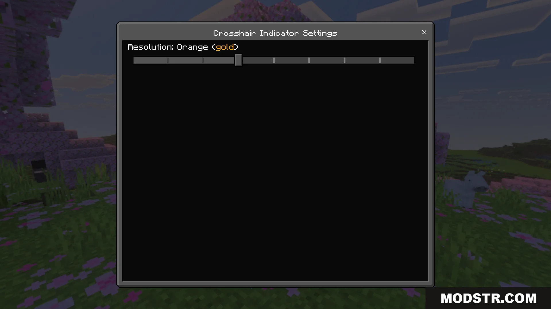 Crosshair Indicator Settings menu showing a slider for orange gold resolution options
