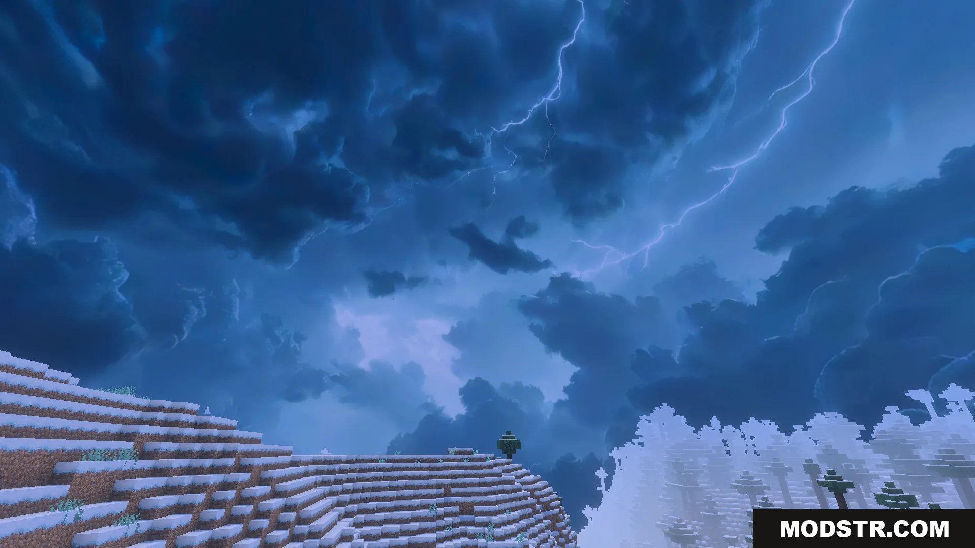 Dark stormy sky with lightning over a snowy mountain and forest landscape