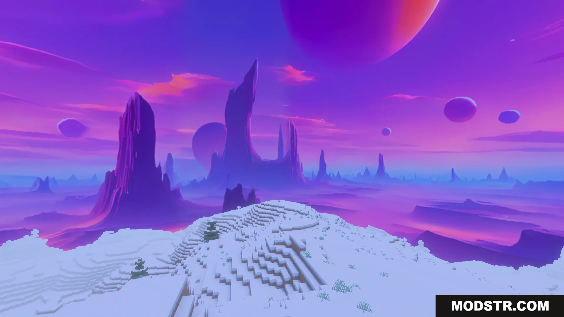 Snowy landscape under a purple sky with planets and tall rock formations