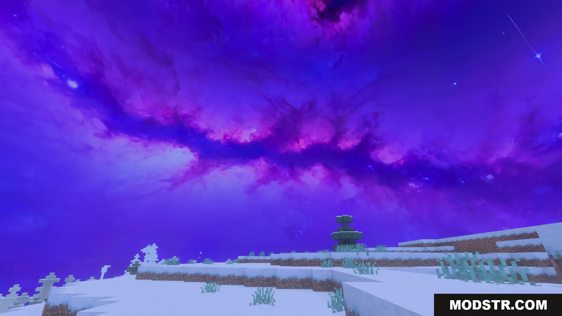 Snowy terrain beneath a vibrant purple nebula galaxy sky design