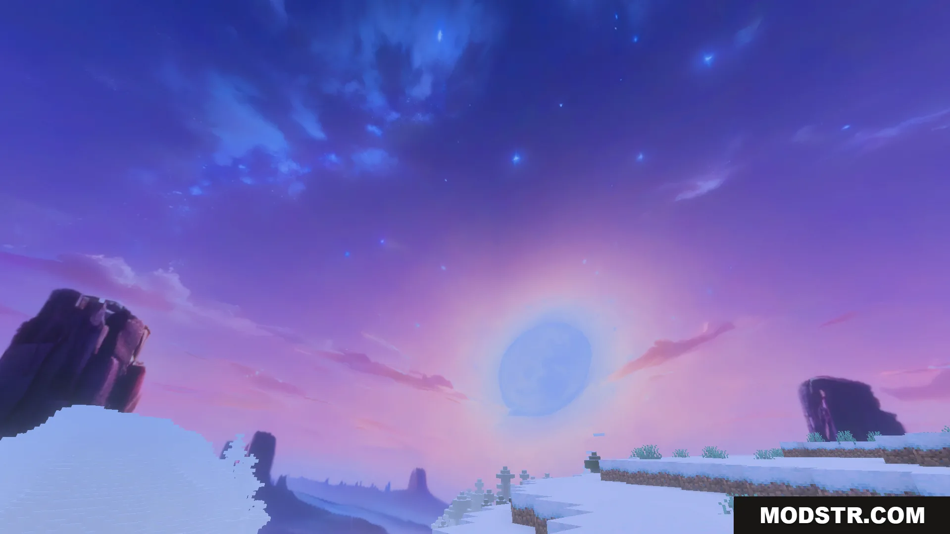 Bright nebula galaxy sky over snowy terrain in Minecraft PE