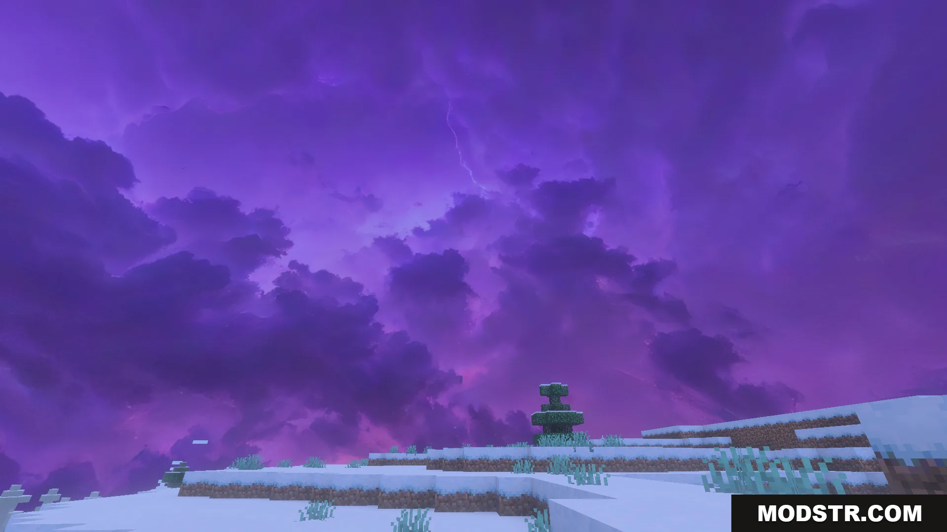 Purple storm clouds over snowy landscape in Minecraft PE