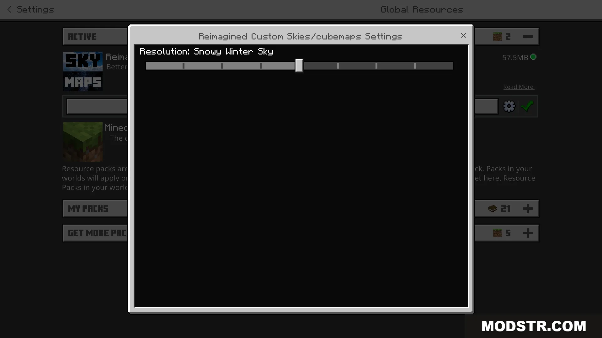 Settings menu showing the resolution slider for snowy winter sky