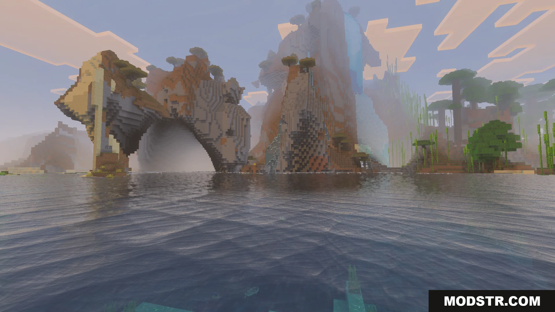 Custom Water Shader Screenshot 7 Scenic view of a Minecraft world with realistic wavy water and mountains