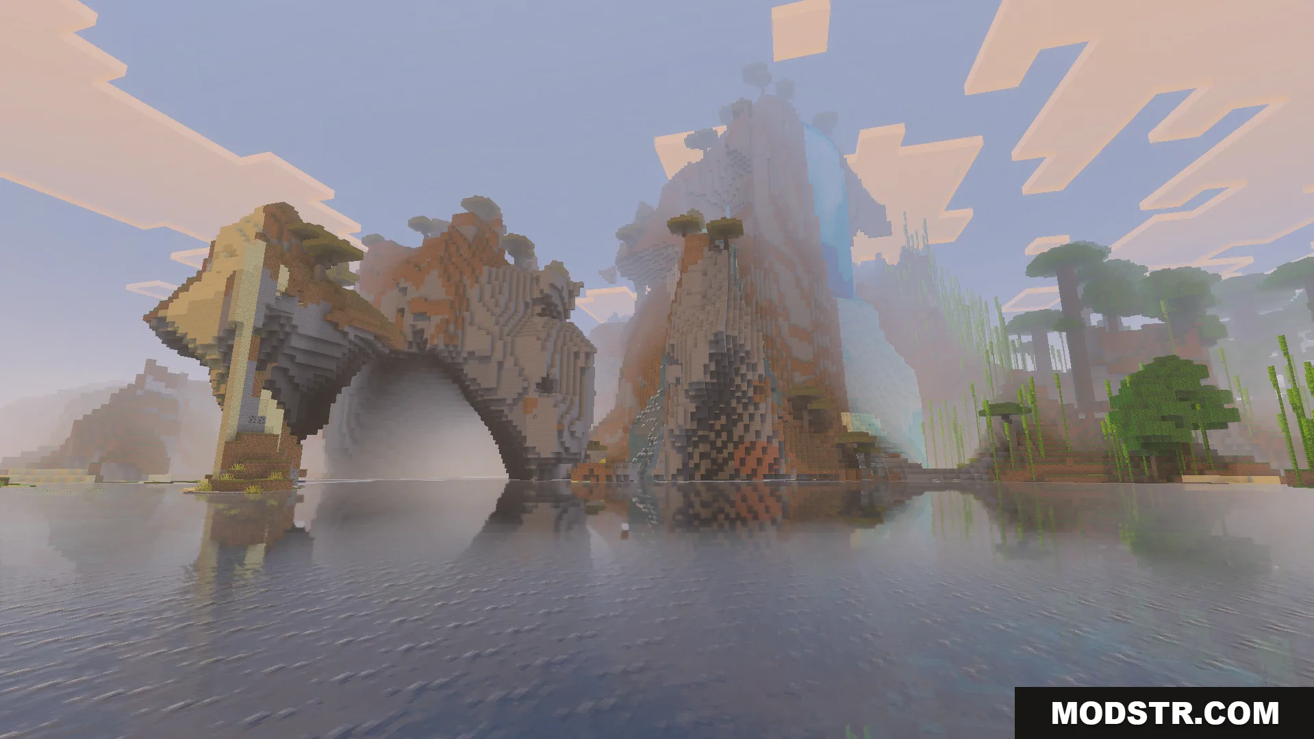 Custom Water Shader Screenshot 3 Scenic Minecraft landscape with a large stone archway and realistic water reflections