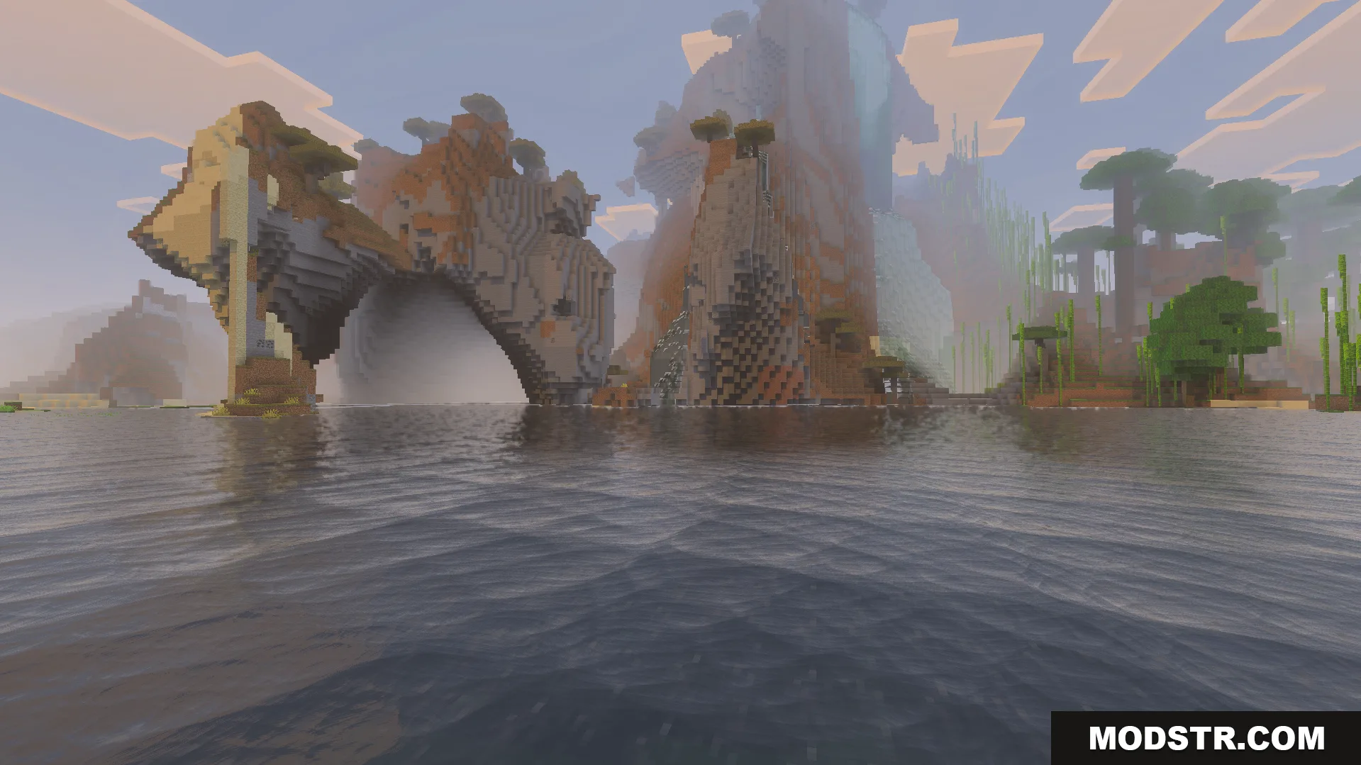 Custom Water Shader Screenshot 9 Custom Water Shader addon showing realistic sea waves in a scenic Minecraft landscape