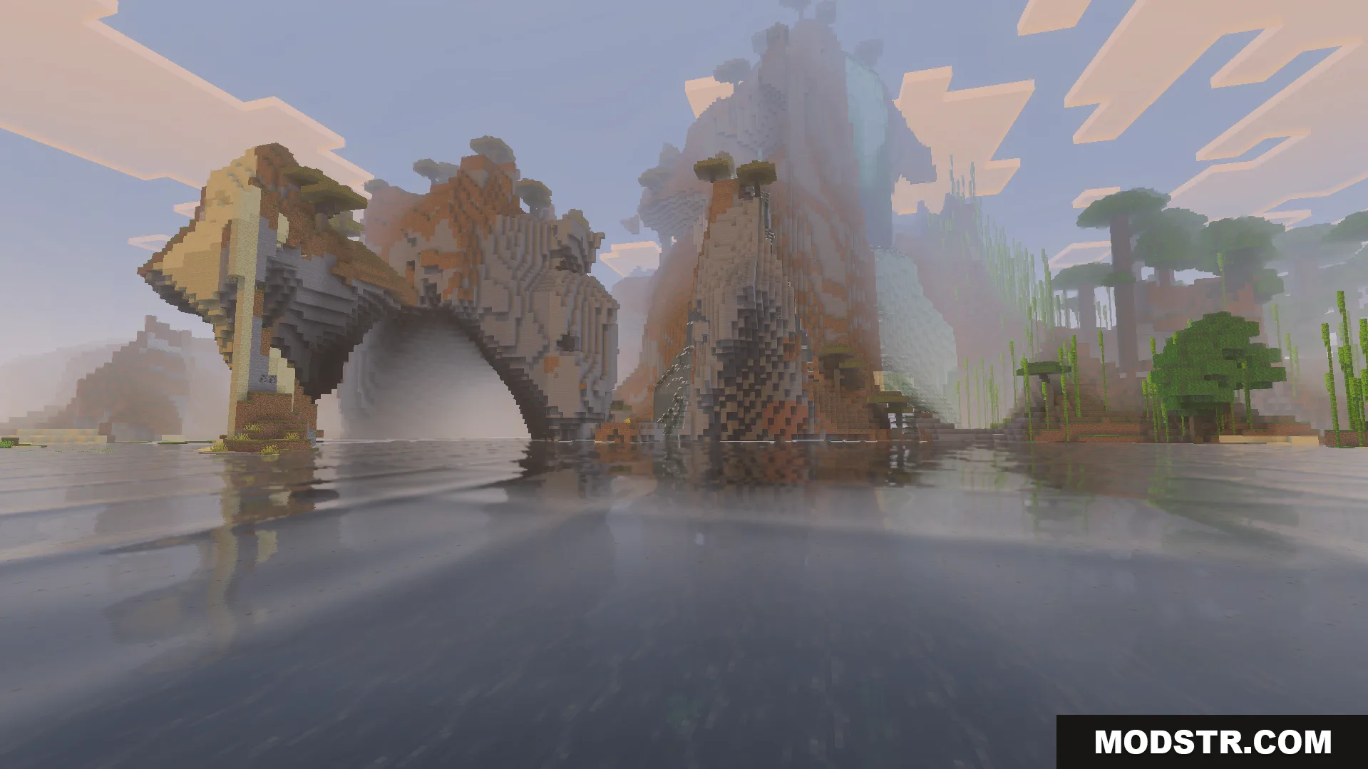 Custom Water Shader Screenshot 5 Realistic wavy water reflecting a mountain landscape in Minecraft Bedrock