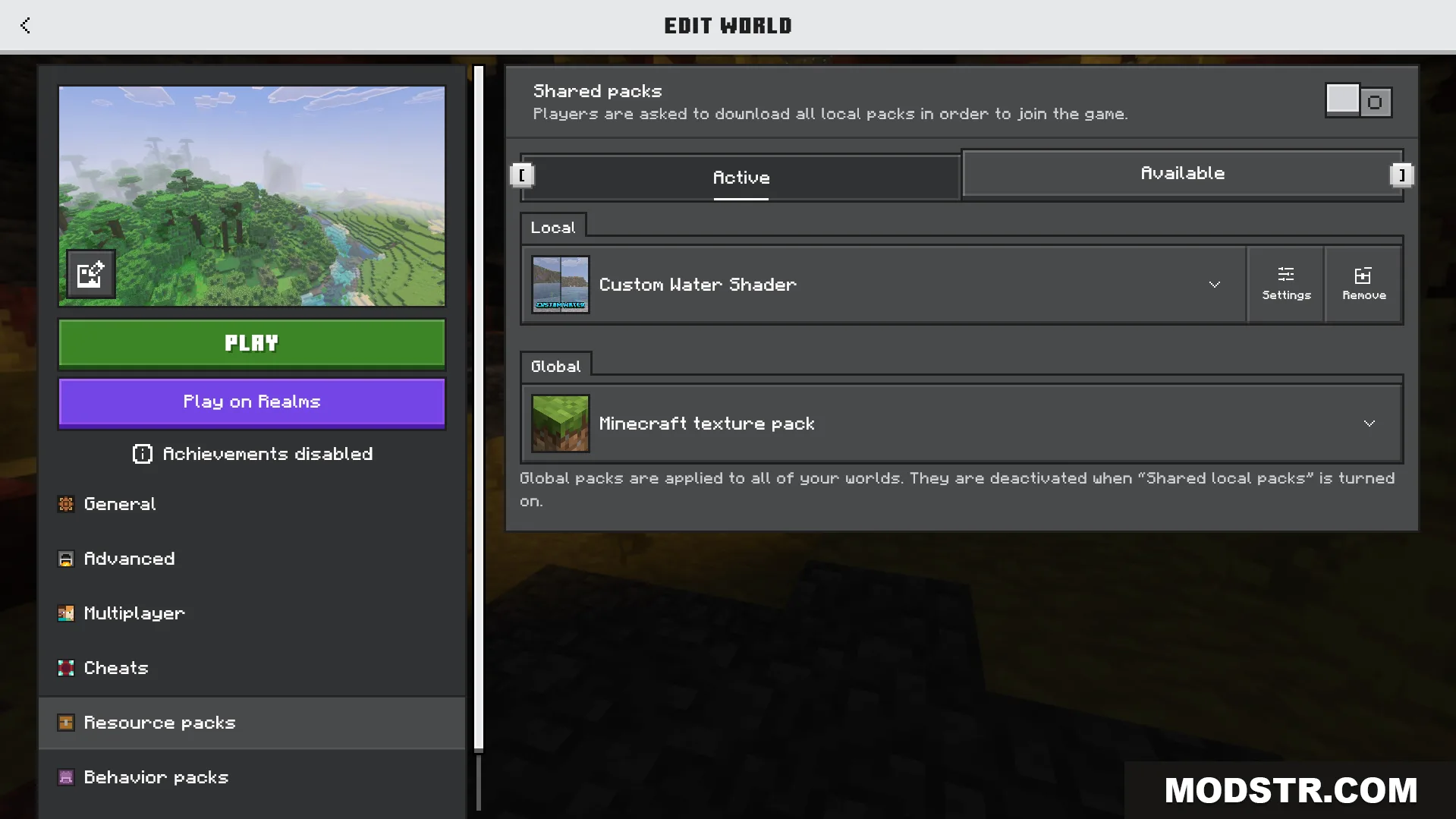 Custom Water Shader Screenshot 1 Minecraft Bedrock edit world menu with the Custom Water Shader pack active