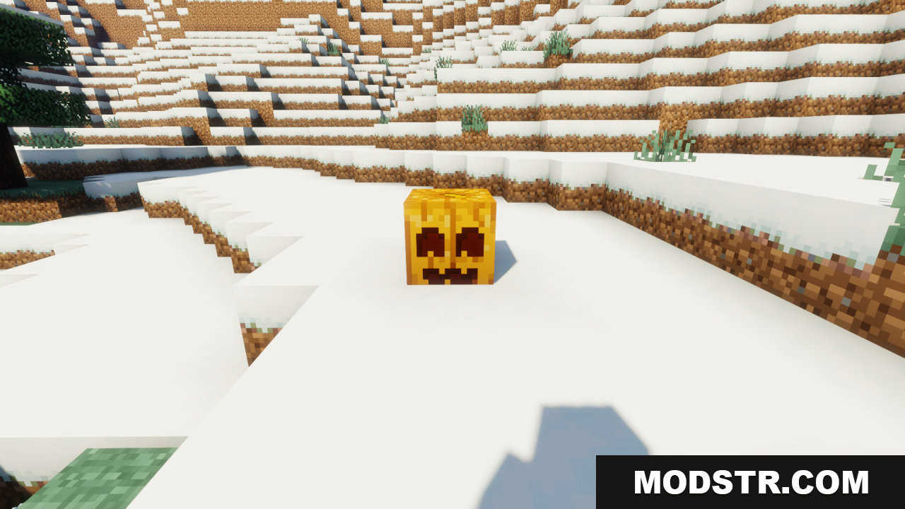 Cute Pumpkin Resource Pack Screenshot 8 A single carved pumpkin with a friendly smile placed on white snow