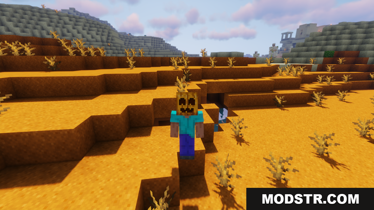Cute Pumpkin Resource Pack Screenshot 4 Minecraft player wearing a friendly smiling pumpkin mask in a badlands biome