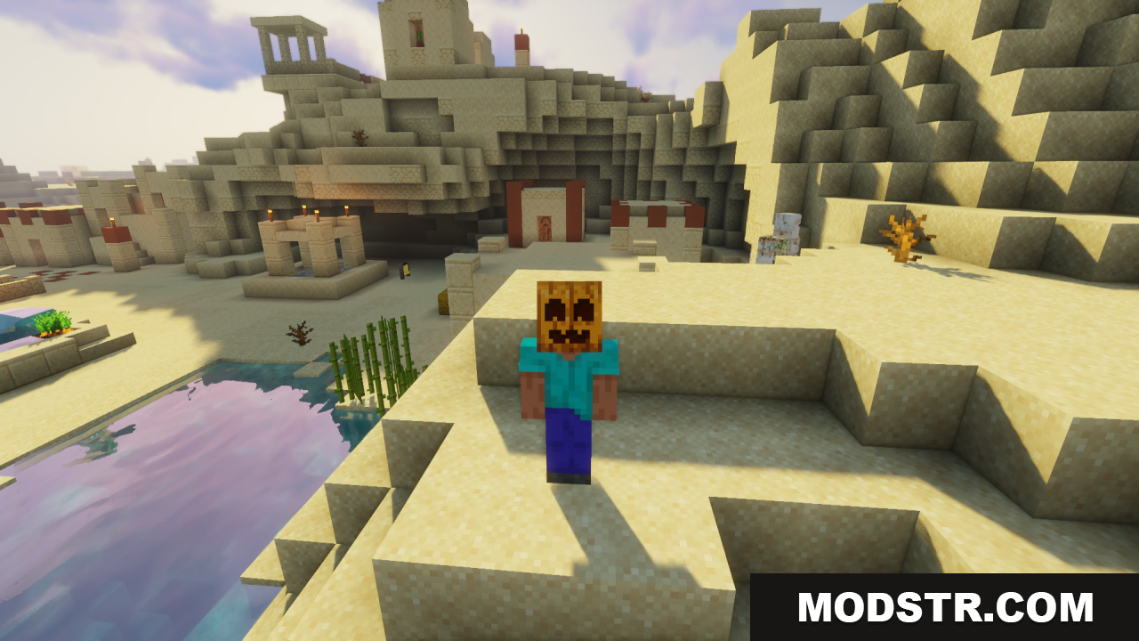 Cute Pumpkin Resource Pack Screenshot 3 Player character wearing a cute smiling pumpkin helmet in a desert village