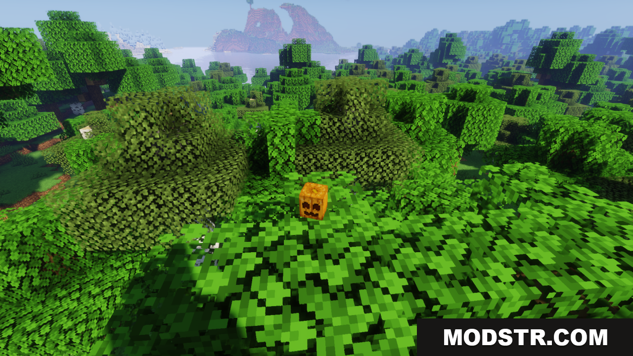 Cute Pumpkin Resource Pack Screenshot 12 A carved pumpkin with a happy face placed on tree leaves