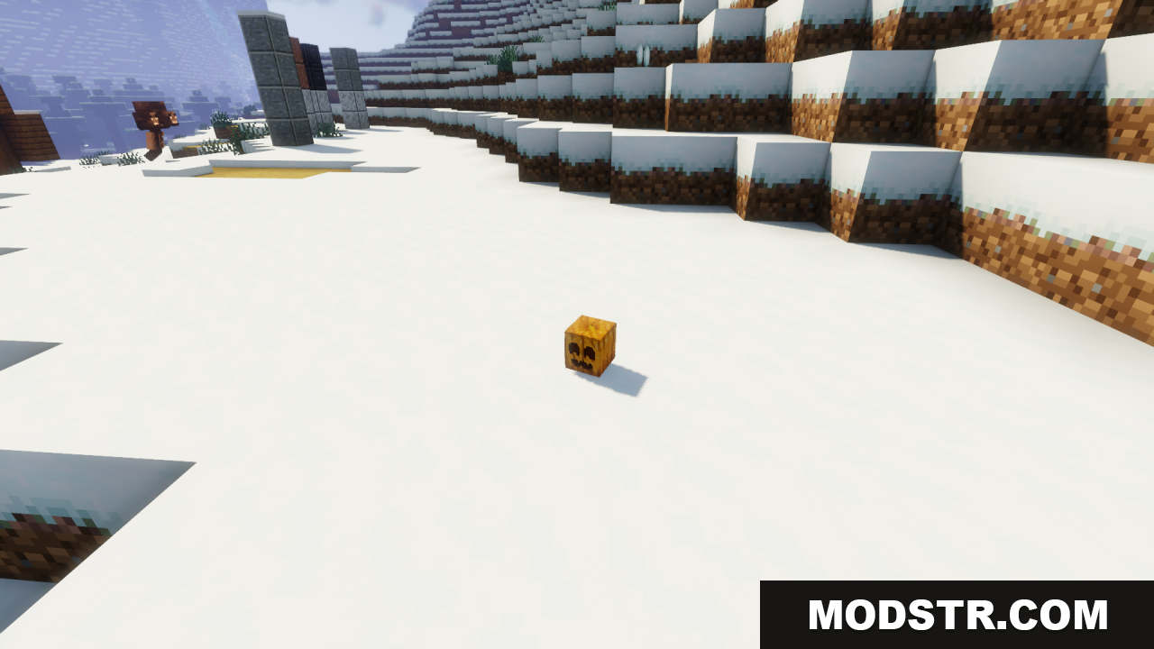 Cute Pumpkin Resource Pack Screenshot 9 A carved pumpkin block with a cute smiling face on snowy ground