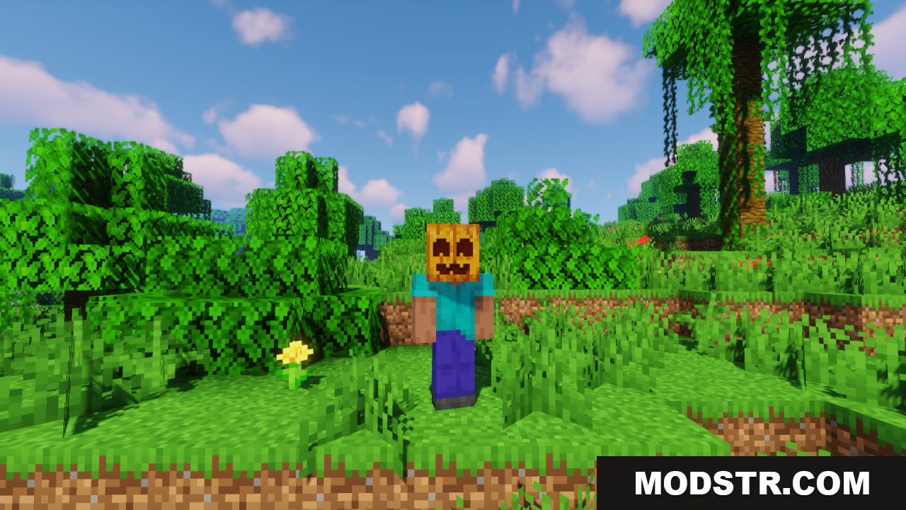Cute Pumpkin Resource Pack Screenshot 5 Player wearing a cute smiling pumpkin on their head in a grassy area
