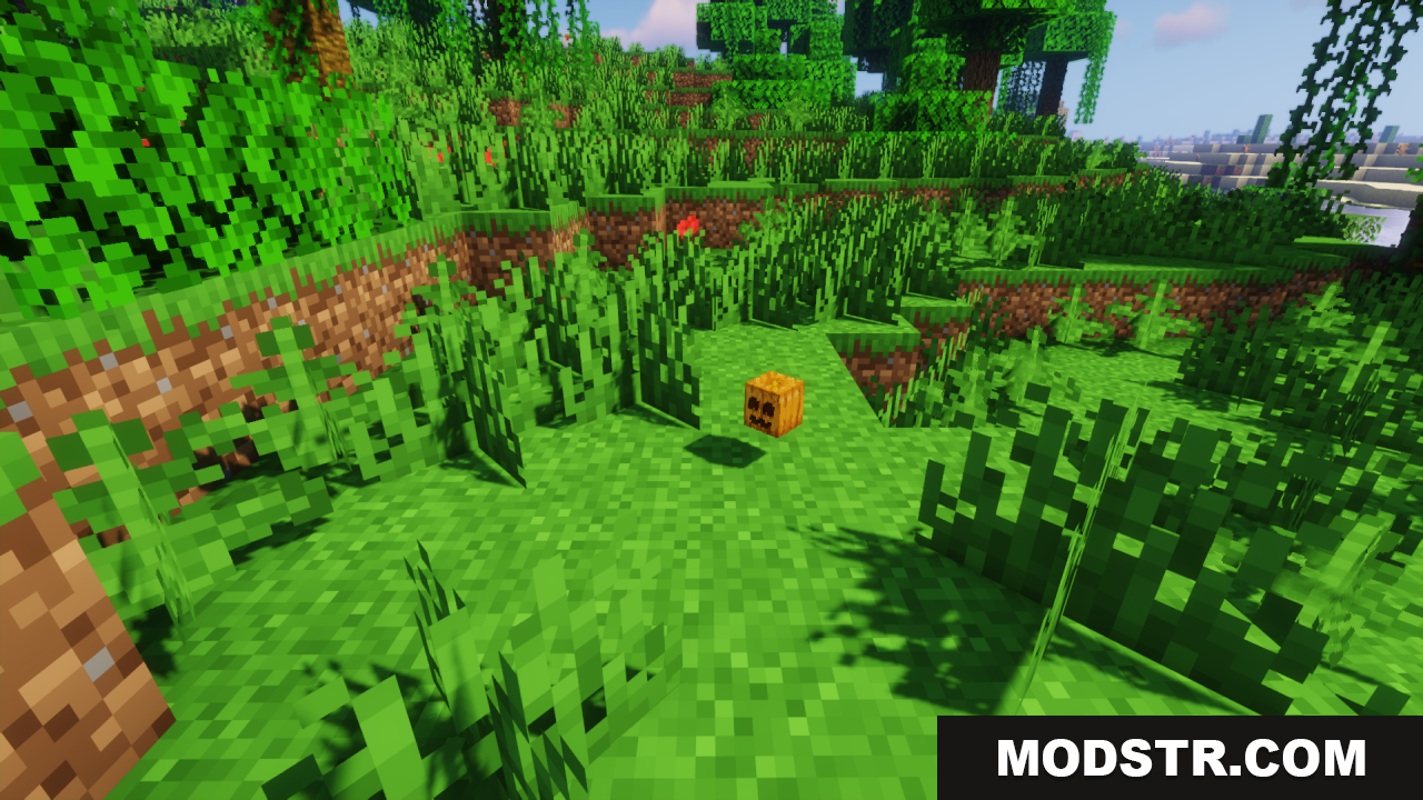 Cute Pumpkin Resource Pack Screenshot 6 A cute smiling carved pumpkin block sitting on the grass in the world