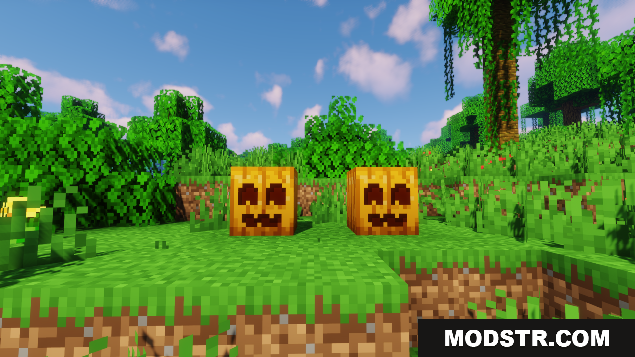 Cute Pumpkin Resource Pack Screenshot 7 Two carved pumpkins with cute smiling faces sitting on green grass