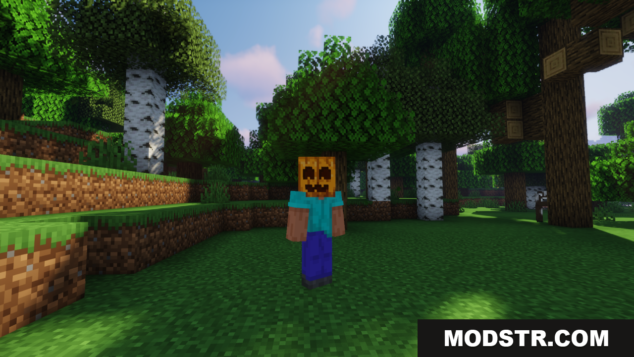 Cute Pumpkin Resource Pack Screenshot 11 Player wearing a pumpkin with a cute smiling face in a forest