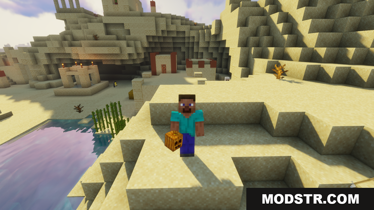 Cute Pumpkin Resource Pack Screenshot 2 Steve holding a cute carved pumpkin item in a desert village