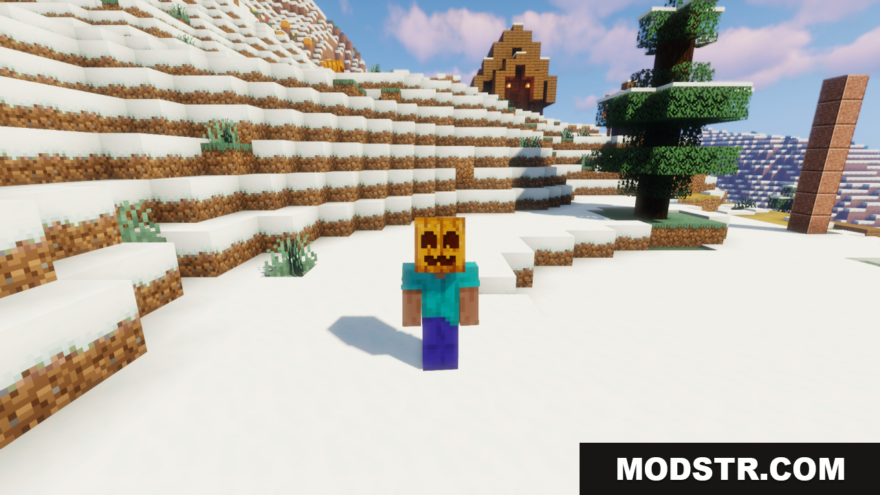 Cute Pumpkin Resource Pack Screenshot 10 Minecraft player character wearing a cute smiling carved pumpkin on their head