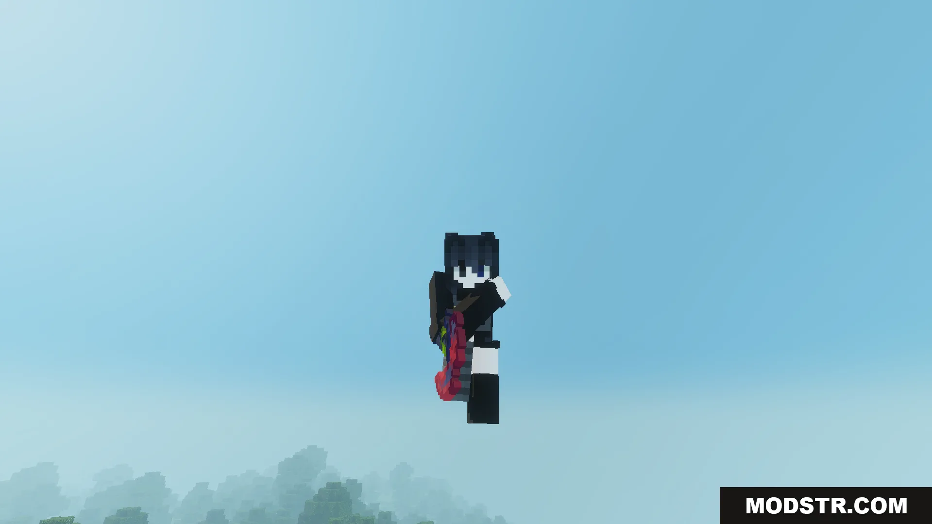 A player character is shown mid air holding a colorful item