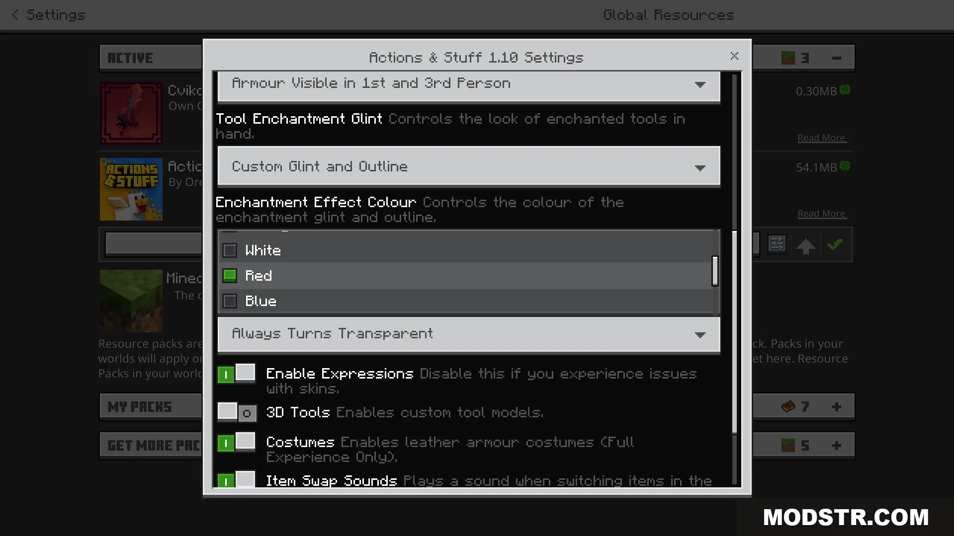 Adjusting enchantment effect colors in a Minecraft resource pack configuration menu