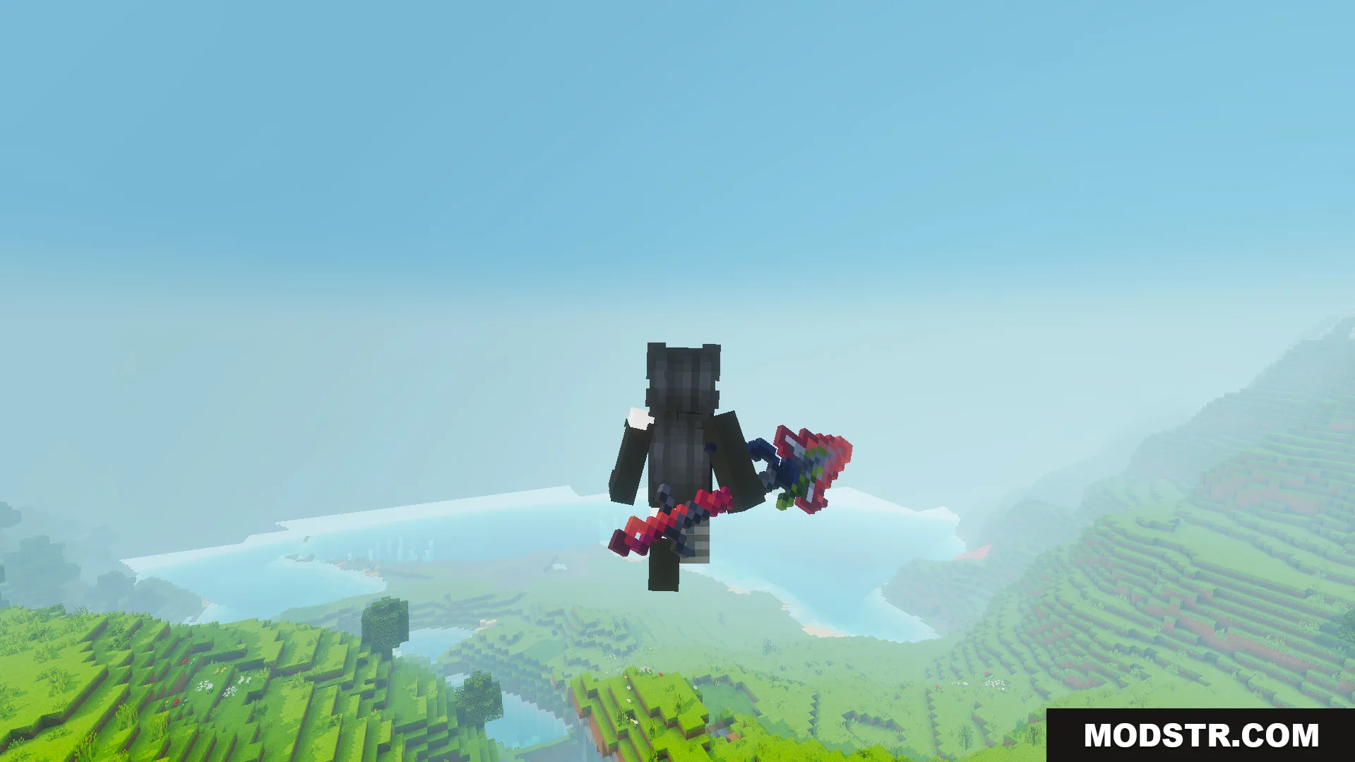 Player flying over a landscape while holding a large custom red weapon