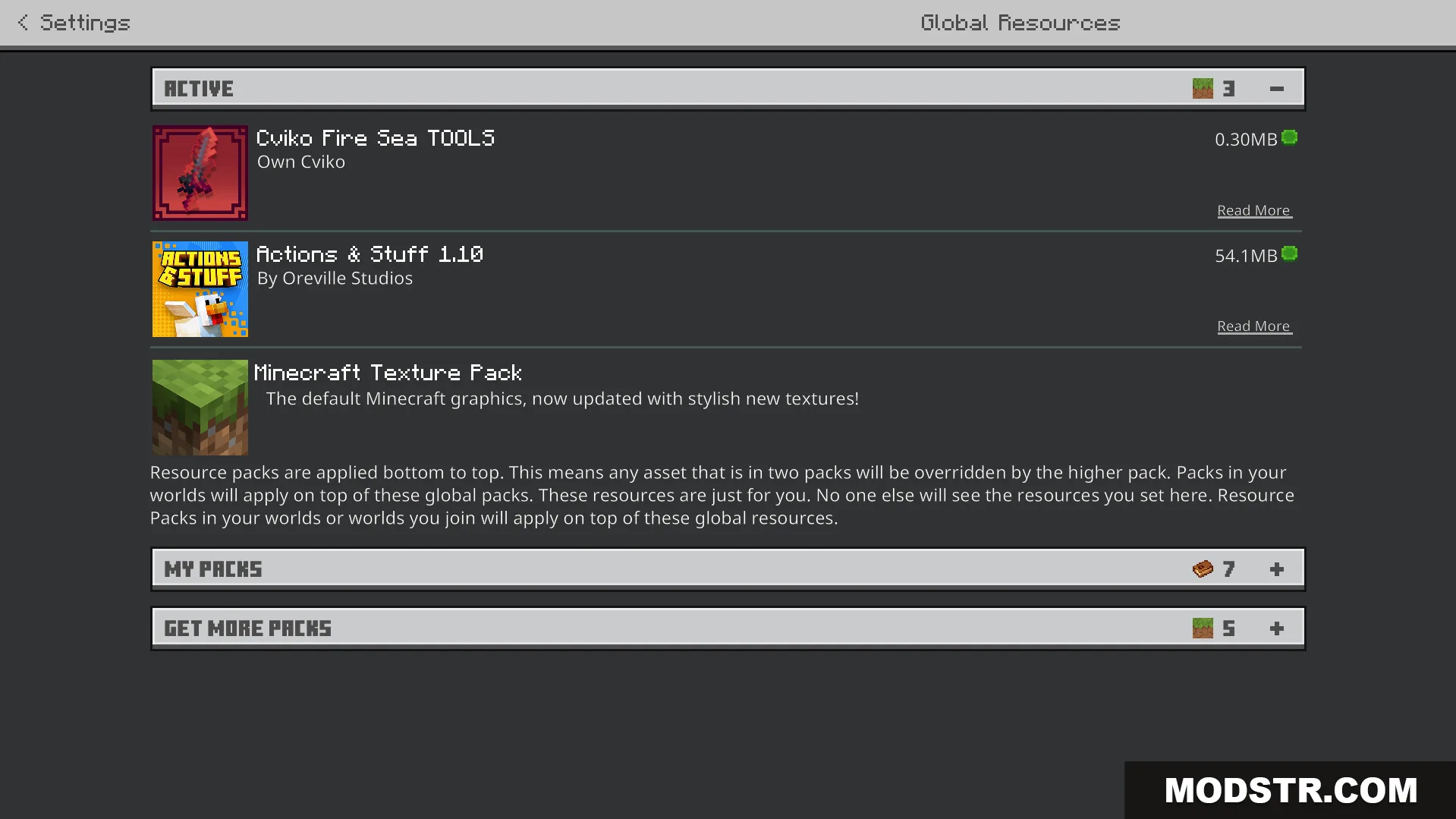 Minecraft settings menu showing the active global resource packs list
