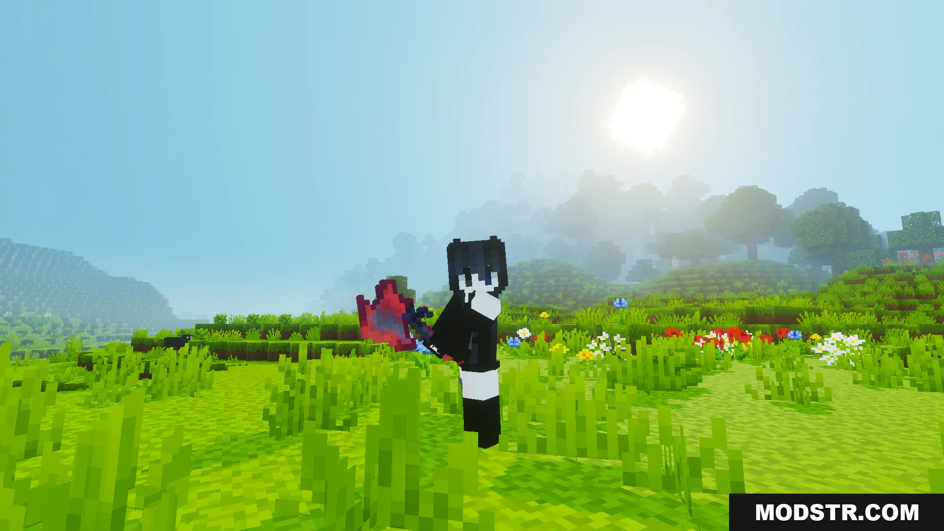 Player wielding a red axe in a grassy field