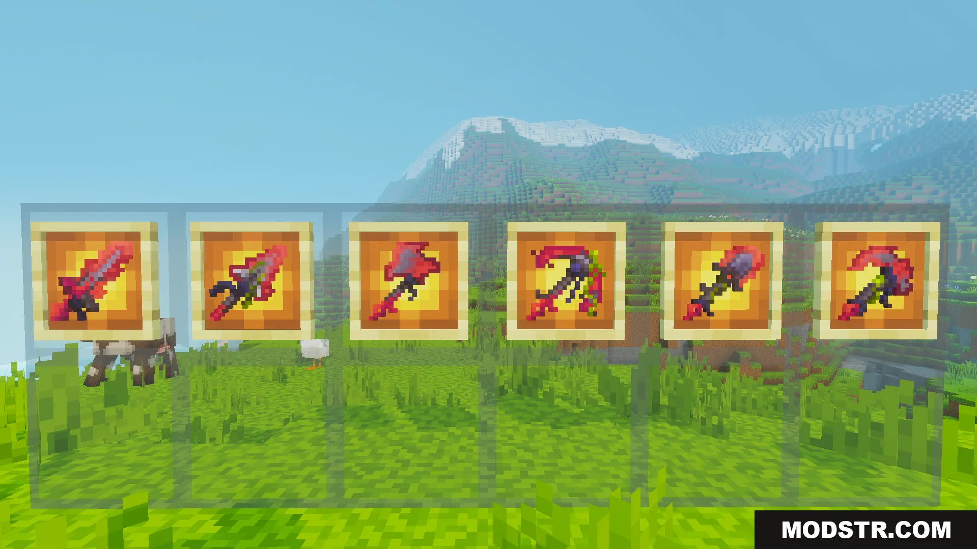 Six item frames displaying custom red and black tools in a grassy landscape