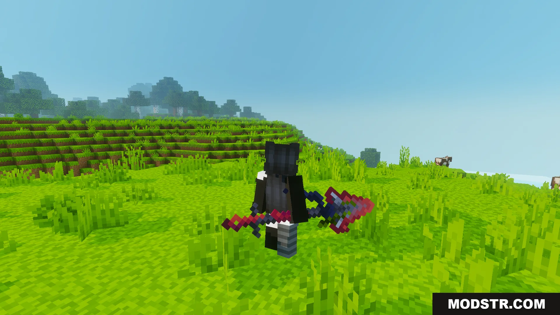 Player character viewed from behind holding a large custom red and blue spear