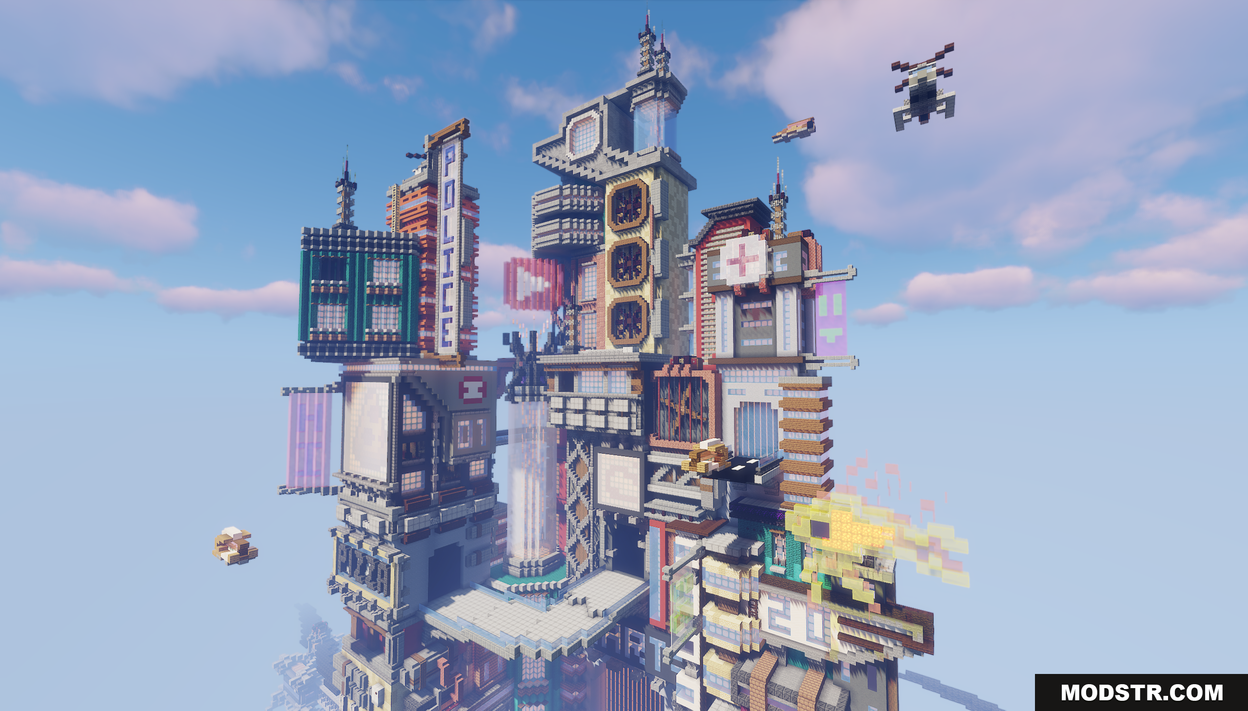 Cyberpunk Island City Map Screenshot 4 Intricate sci-fi buildings with flying ships in the sky