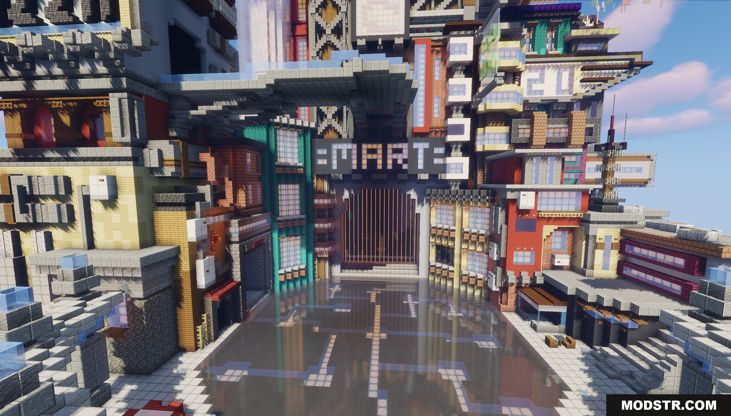 Cyberpunk Island City Map Screenshot 6 A futuristic city street with a large mart gate